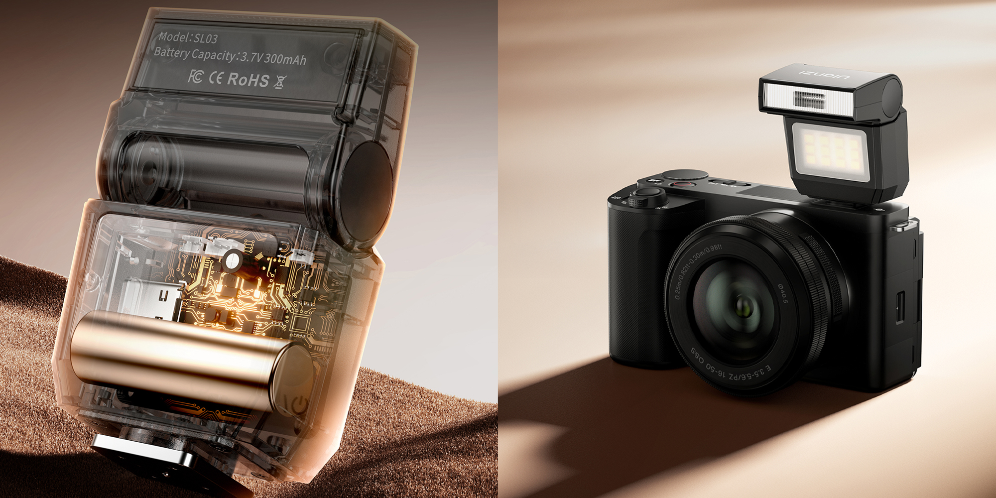 width=100% Lampa błyskowa Ulanzi SL03 - czarna na aparacie oraz w prześwicie z akumulatorem w środku